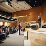 Cérémonie dans une salle avec public et intervenant sur scène, organisée par 2S Africa Travel, agence de voyages à Rabat